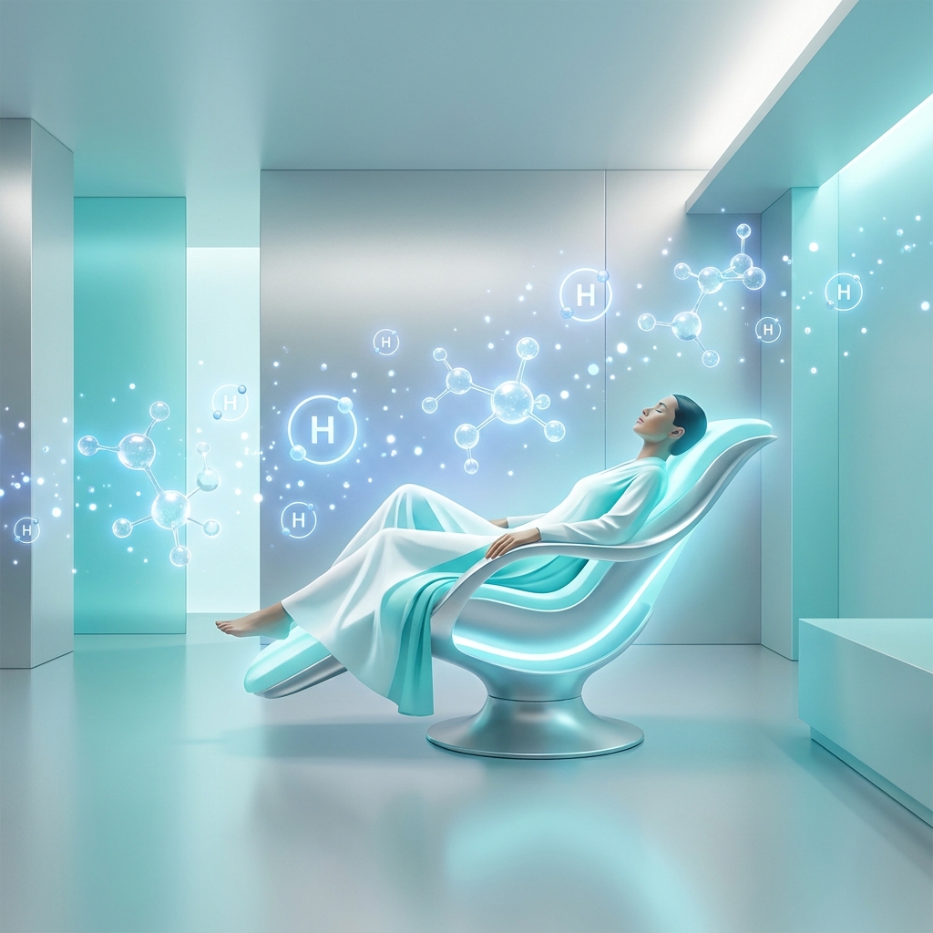 Serene wellness environment with glowing molecular particles representing hydrogen inhalation therapy