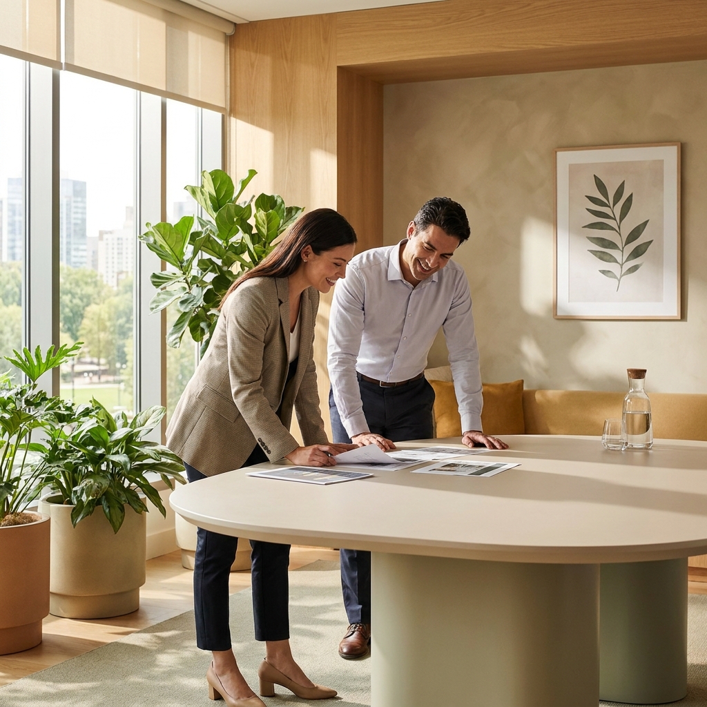 HR professional and clinic representative collaborating on a workplace wellness program partnership in a modern office