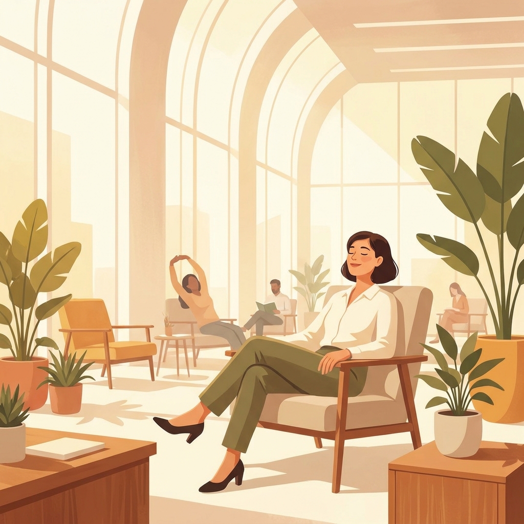 Employee relaxing in a modern in-clinic employer wellness program space, eyes closed, calm expression.