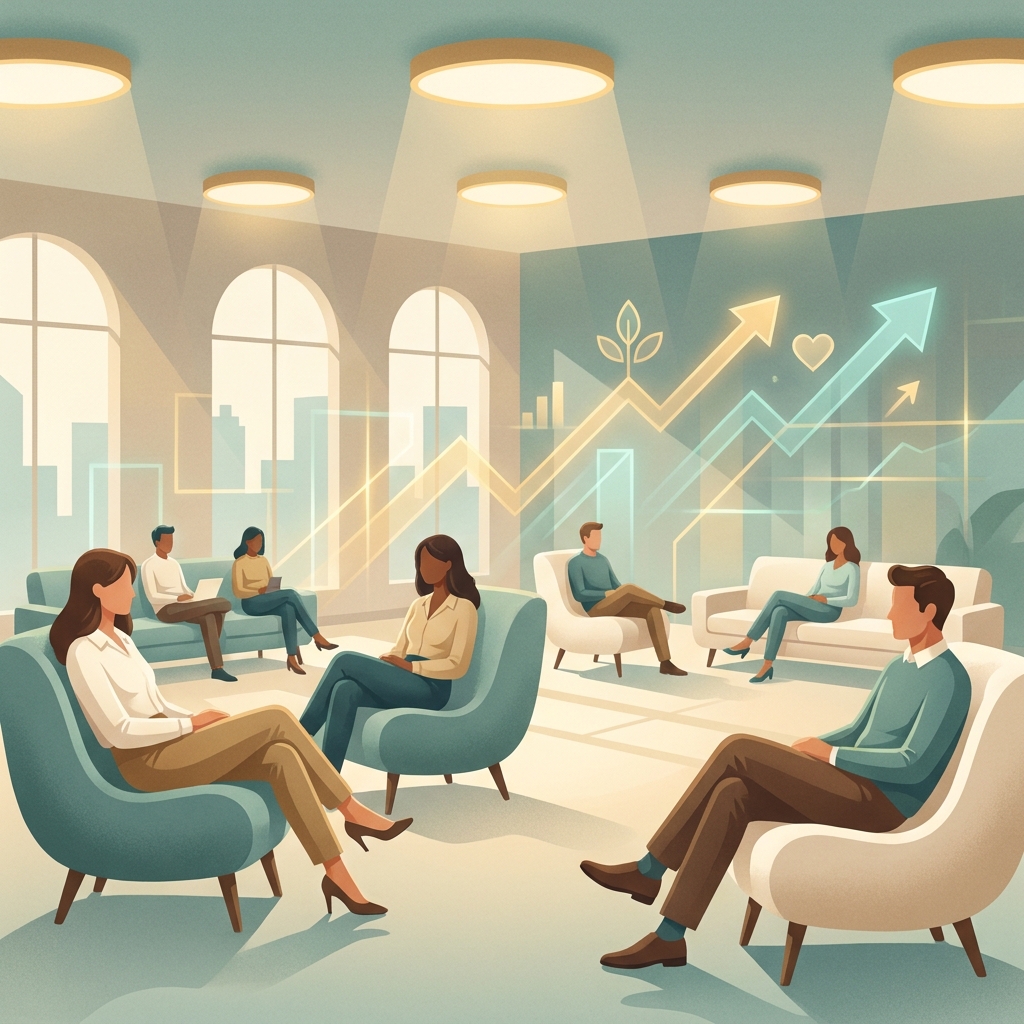Corporate wellness programs examples shown in a modern office wellness lounge with employees and ROI metrics