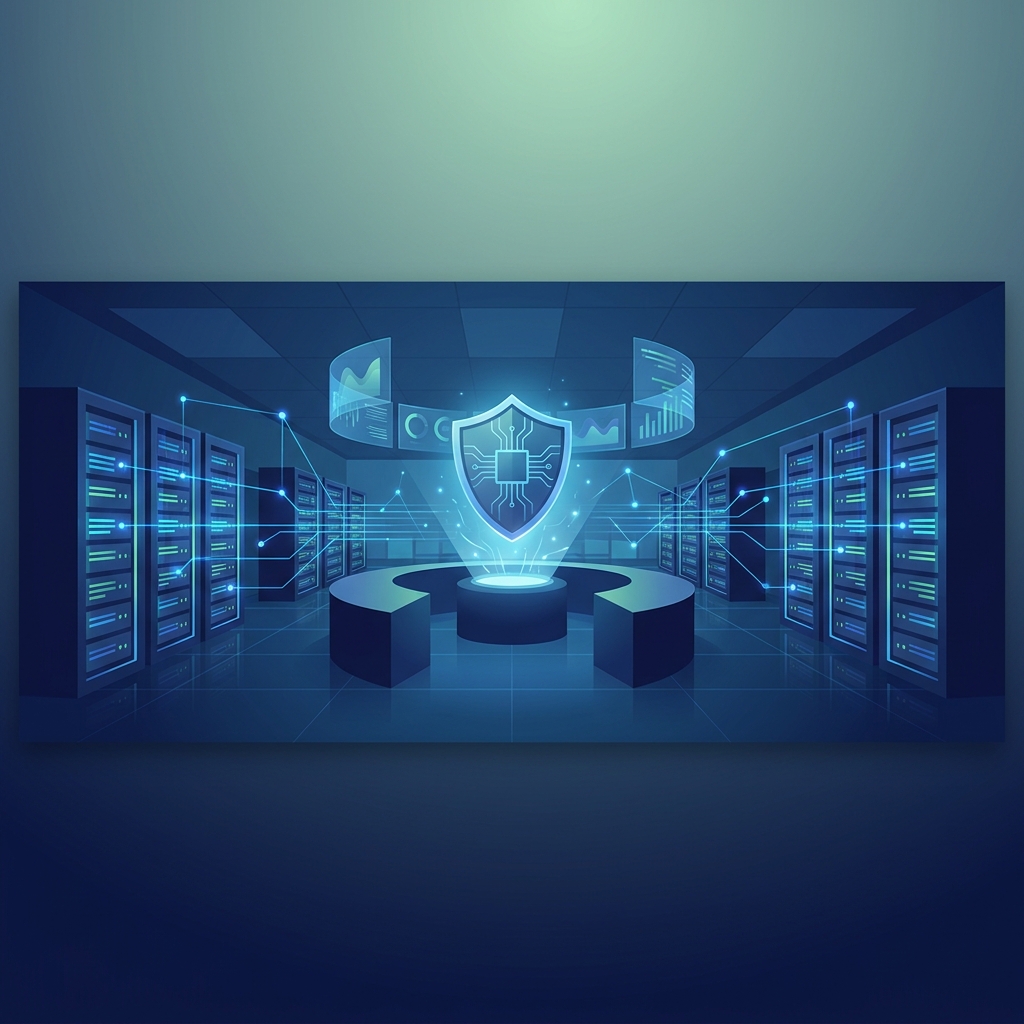 Glowing IT infrastructure protected by a digital shield, representing a disaster recovery plan for information technology