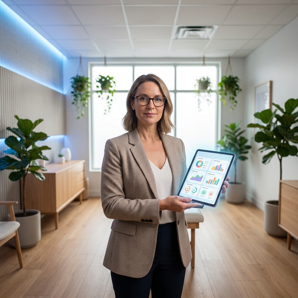 Wellness professional reviewing a personalized wellness program on a digital tablet in a modern clinic setting.