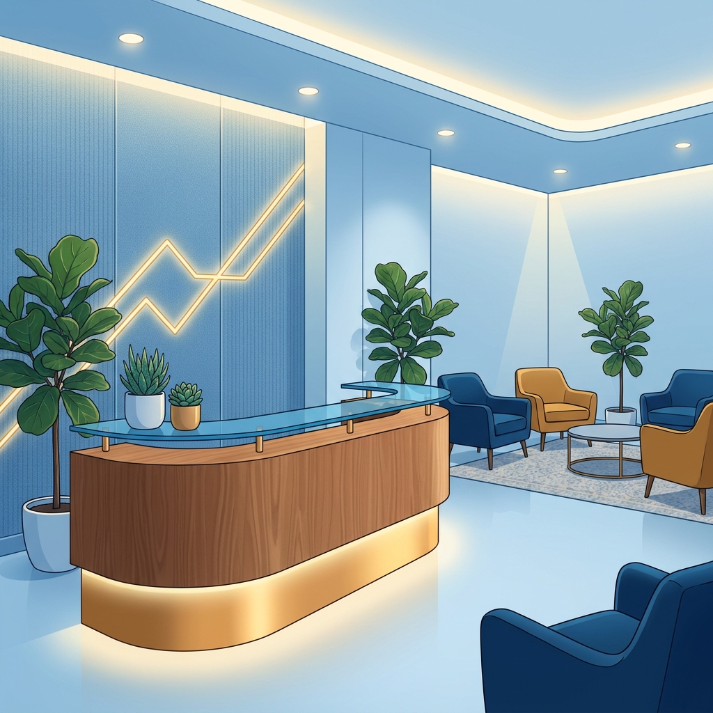 Modern wellness clinic interior with abstract revenue growth elements representing scalable wellness programs for clinic operators.