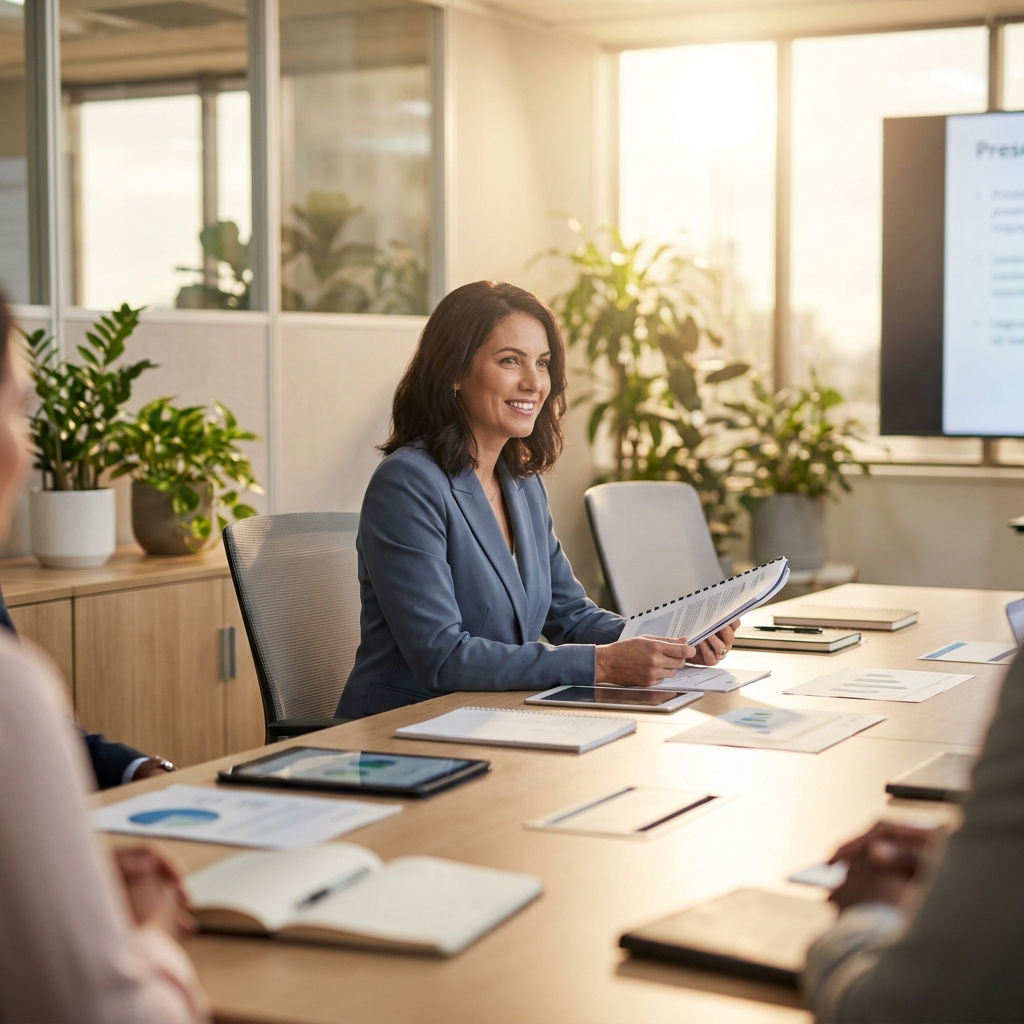 Business professional evaluating wellness programs for corporates in a modern office meeting room