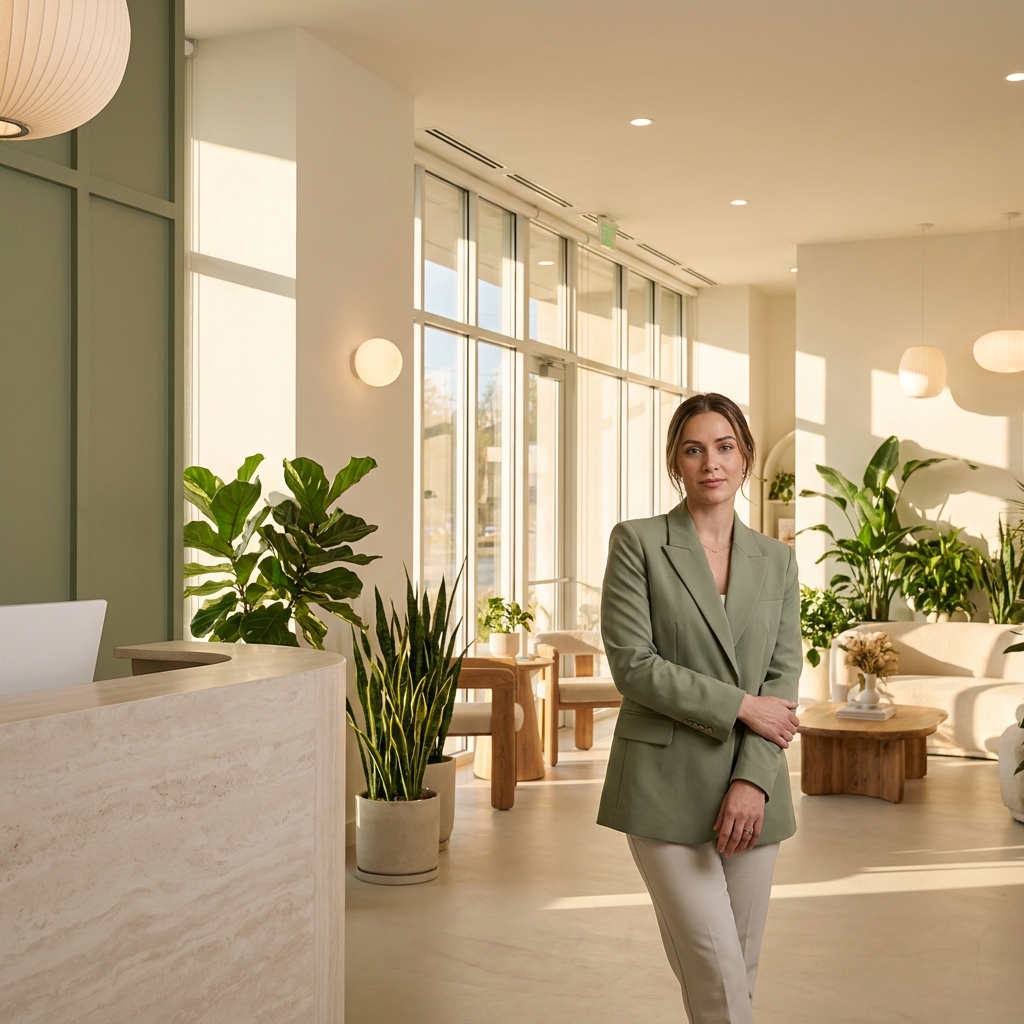Confident wellness clinic owner standing in a modern, welcoming clinic interior representing thriving practice success in 2026.