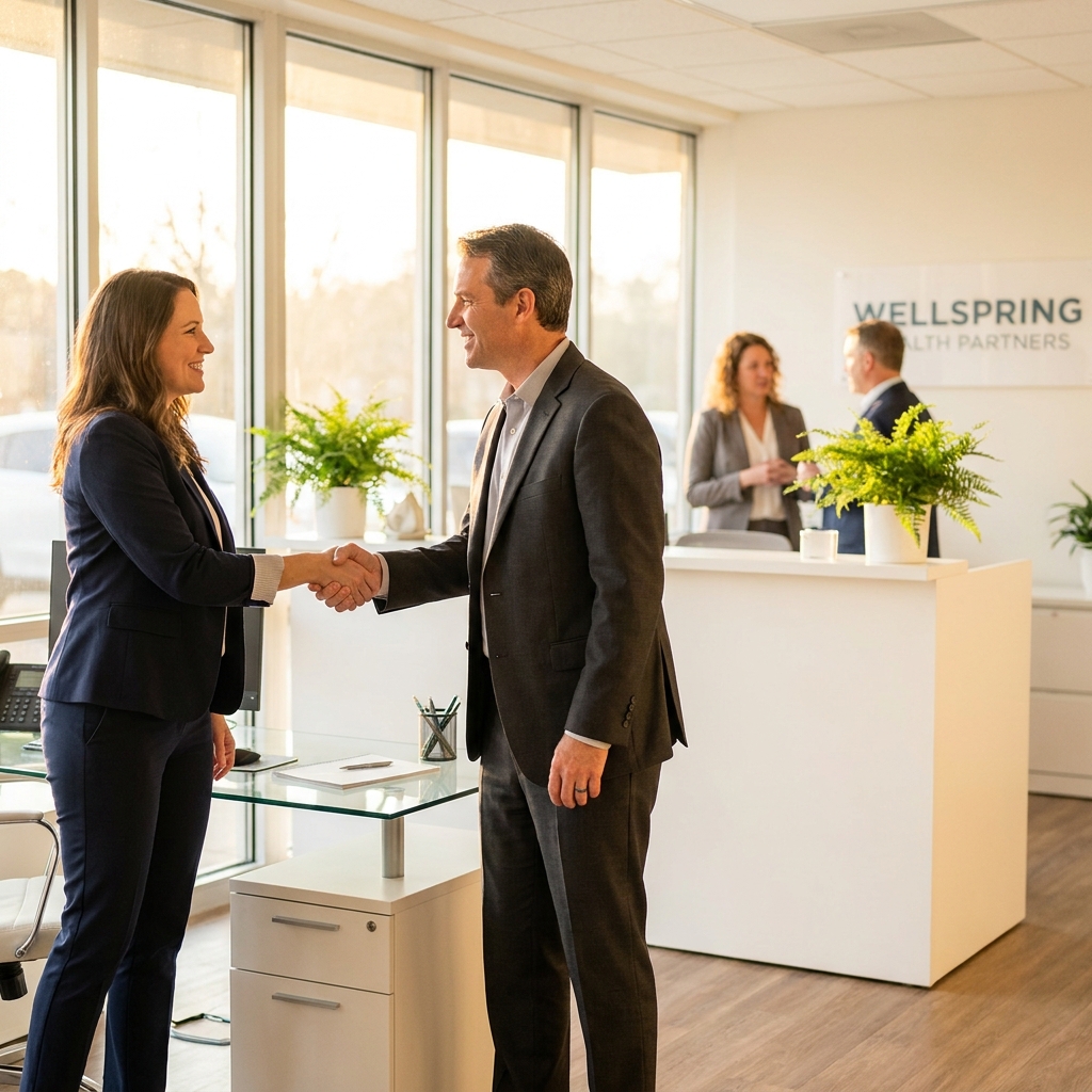 Clinic owner and corporate HR professional shaking hands, representing a corporate employee wellness programs partnership agreement.